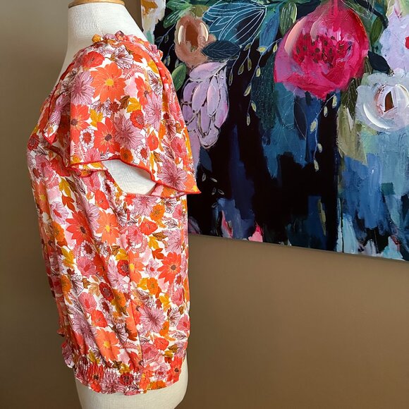 Status by Chenault Orange Floral Flutter Sleeve Blouse Size Large - Picture 3 of 9